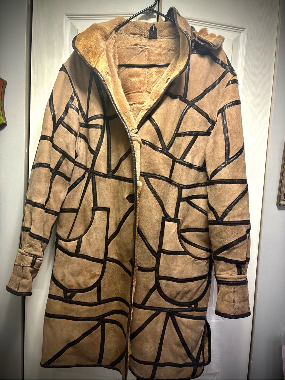 Women's Tan Genuine Suede/Fur  Coat with Dark Brown Trim